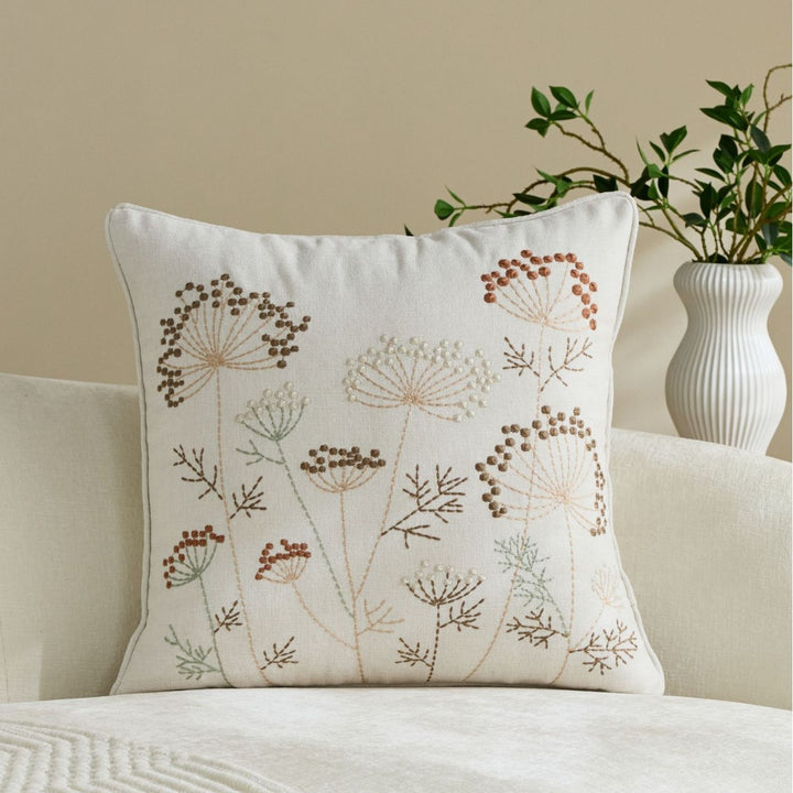 Square Embroidered Botanical Linen-Blend Accent Pillow Cover with Hidden Zipper