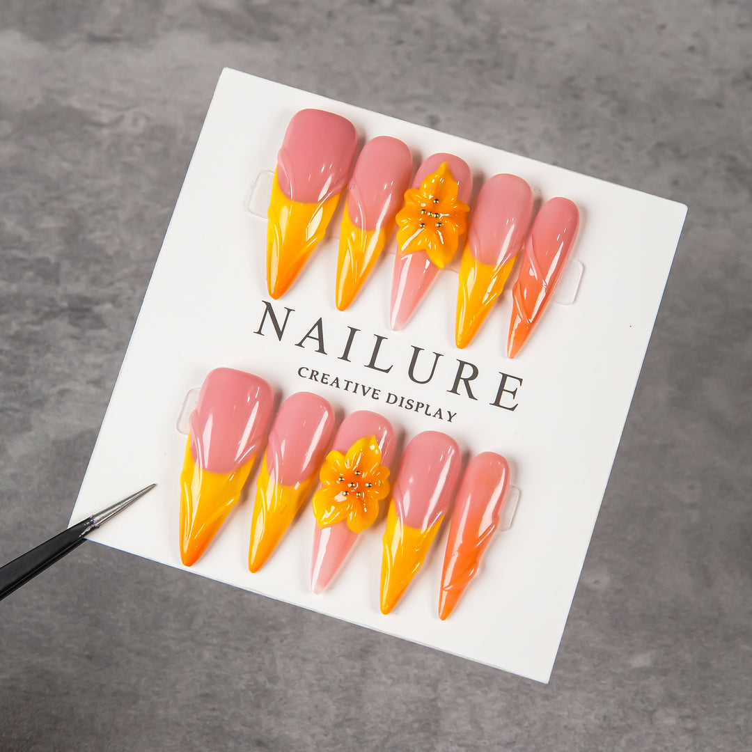 Artistic Stiletto Press-On Nail Set with Flower Accents
