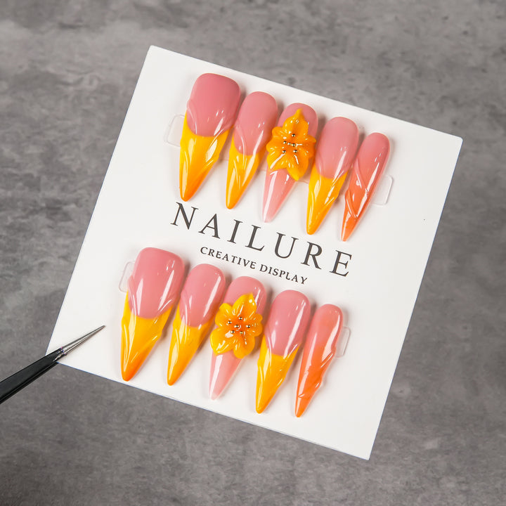 Artistic Stiletto Press-On Nail Set with Flower Accents