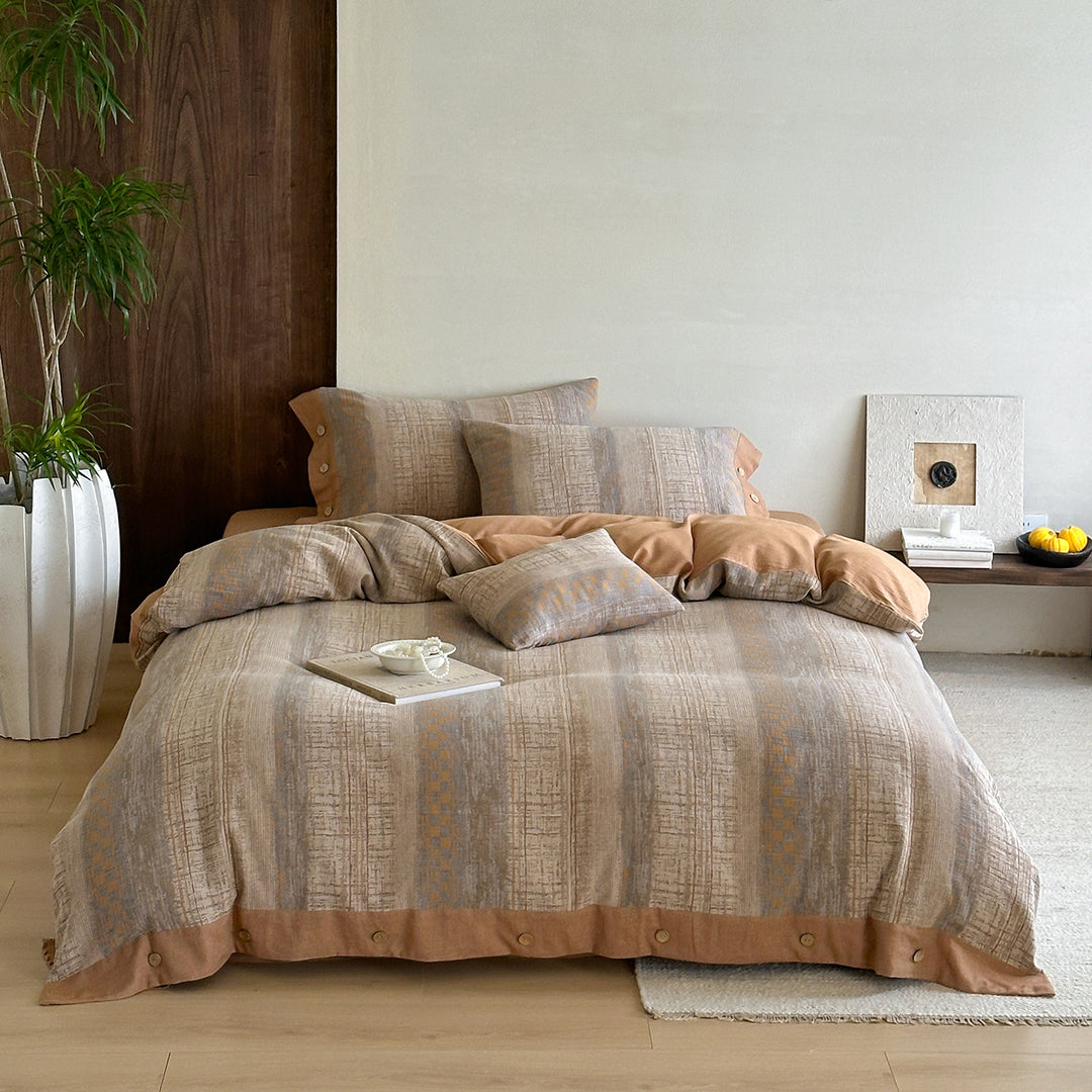 Washed Linen-Blend Reversible Duvet Cover Set with Button-Tab Closure and Pillow Shams