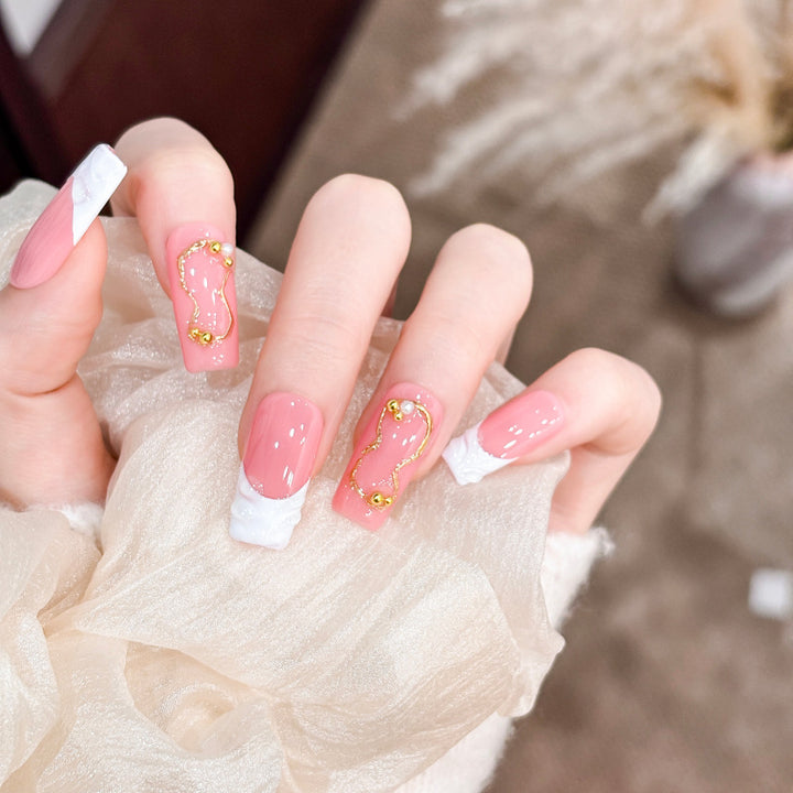 Artistic Press-On Nail Tips with Gold Accents