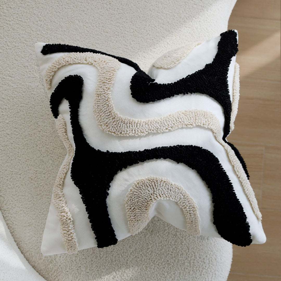 Square Boho cushion cover with diagonal teddy relief, fringes, and corner tassels Stornfield