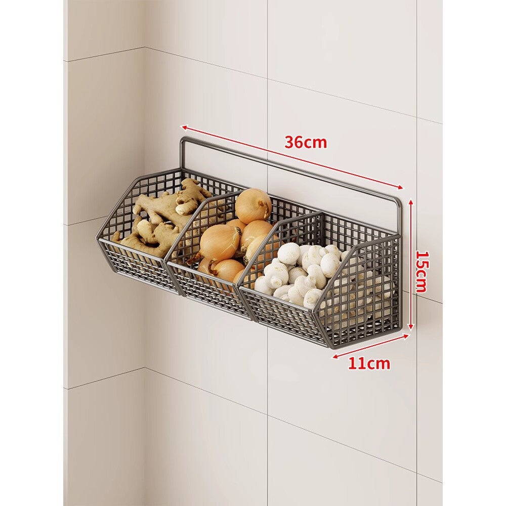 Under-Cabinet Three-Compartment Wire Mesh Kitchen Storage Basket with Front Rail