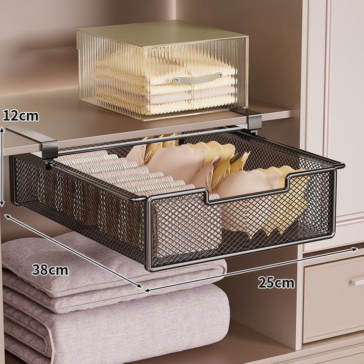 Pull-Out Under-Shelf Ventilated Metal Mesh Storage Drawer for Wardrobe and Closet Organization
