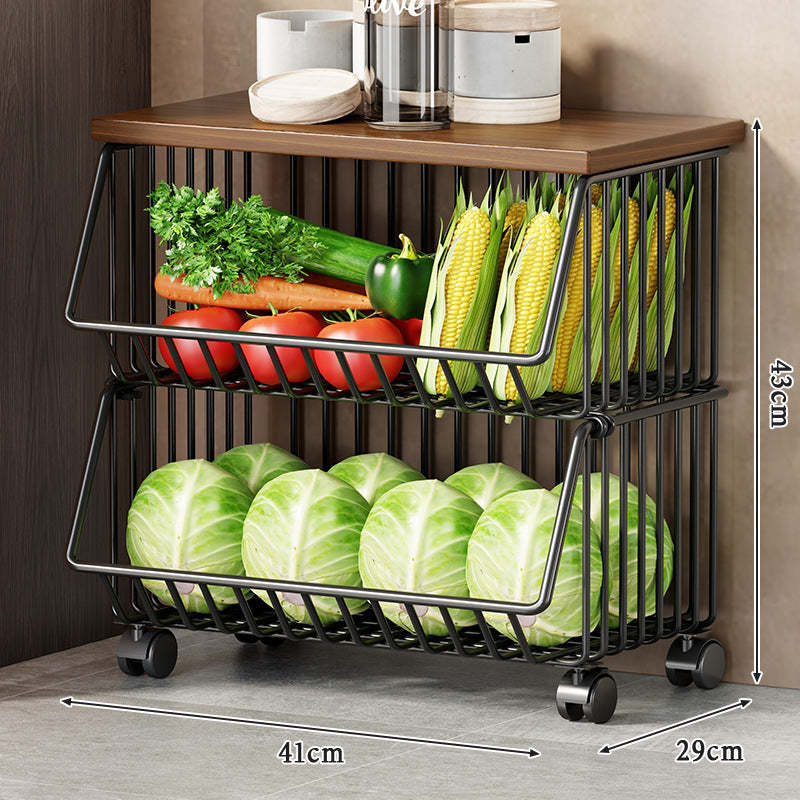 Vertical Five-Tier Rolling Kitchen Produce Storage Cart with Wooden Top and Pull-Out Wire Baskets