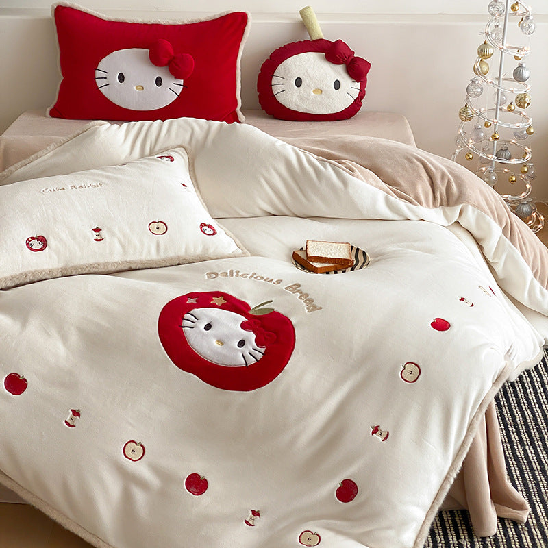 Checked bedding set with embroidered teddy bear appliqués and soft microfiber topper