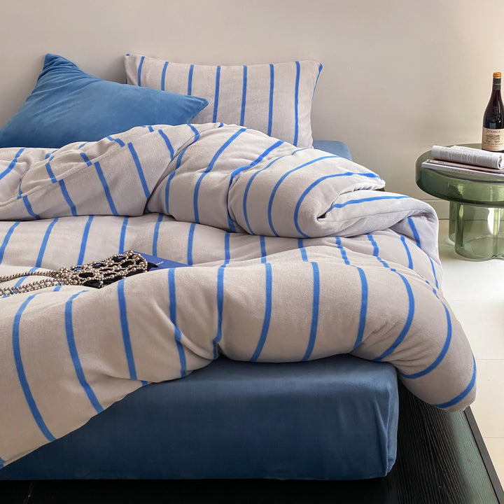 Brushed Cotton Flannel Striped Duvet Cover & Pillowcase Set with Hidden Zip & Corner Ties