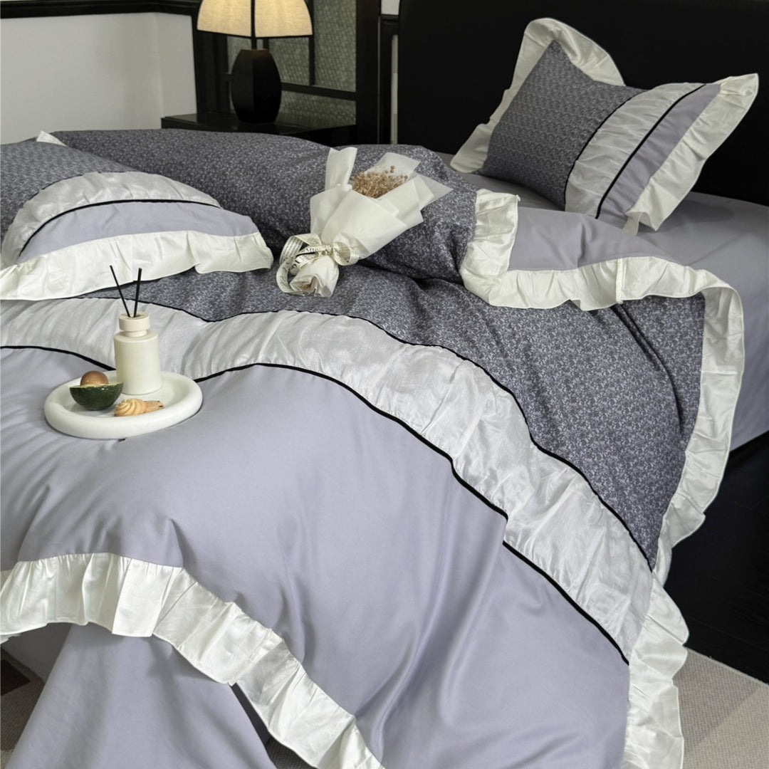 Ruffled-Edge Brushed Microfiber Duvet Cover Set with Center Floral Panel and Pillow Shams