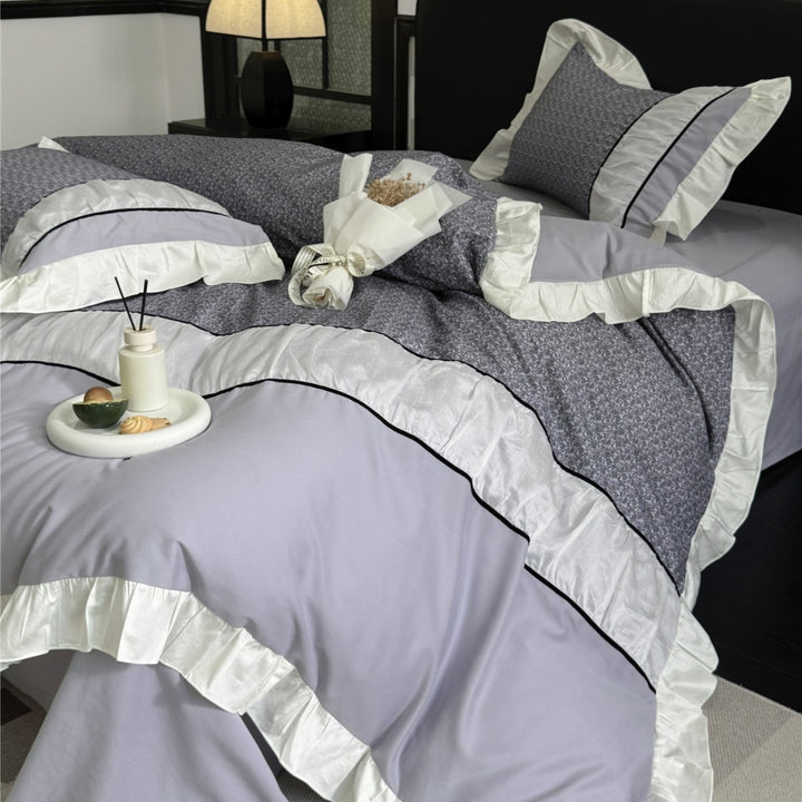 Ruffled-Edge Brushed Microfiber Duvet Cover Set with Center Floral Panel and Pillow Shams