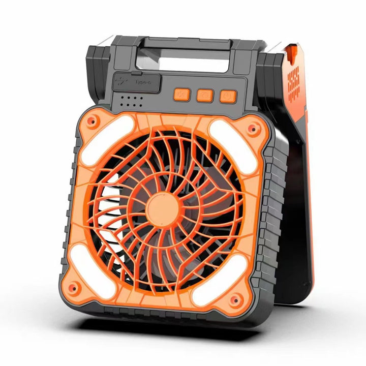 Unisex portable battery fan with LED work light power bank function and foldable handle Stornfield