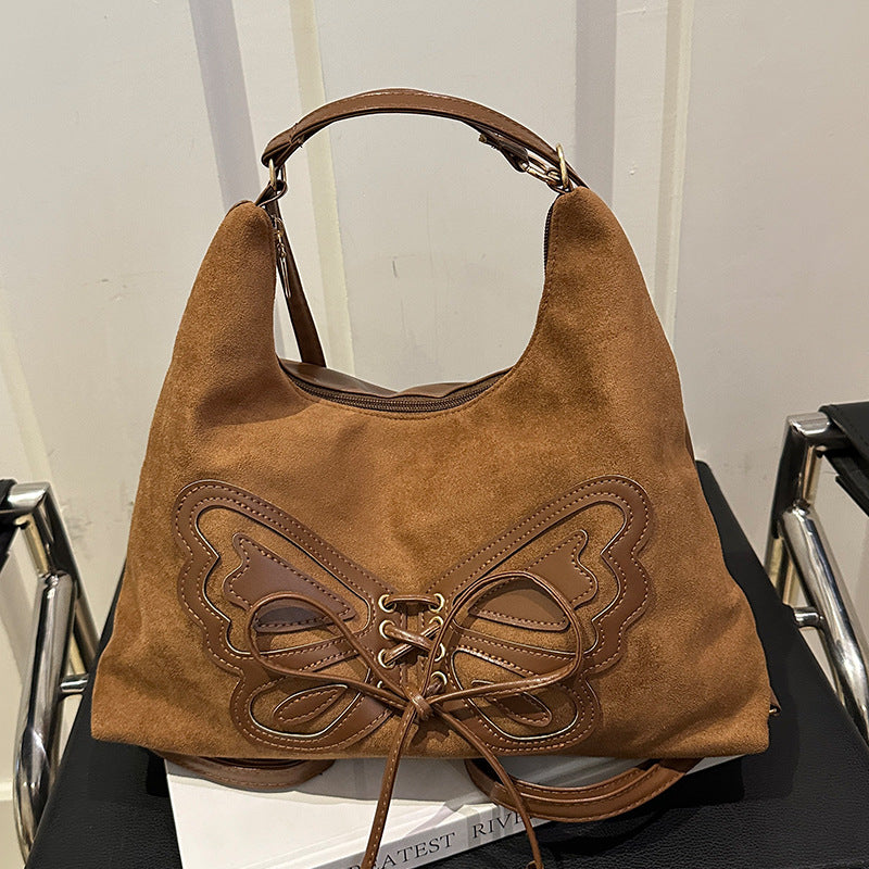 Butterfly Embellished Suede Hobo Bag