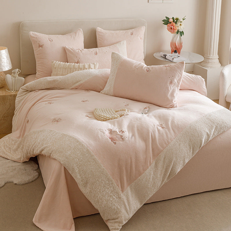 Plush Embroidered Bow Motif Sherpa-Trim Duvet Cover & Pillow Sham Set