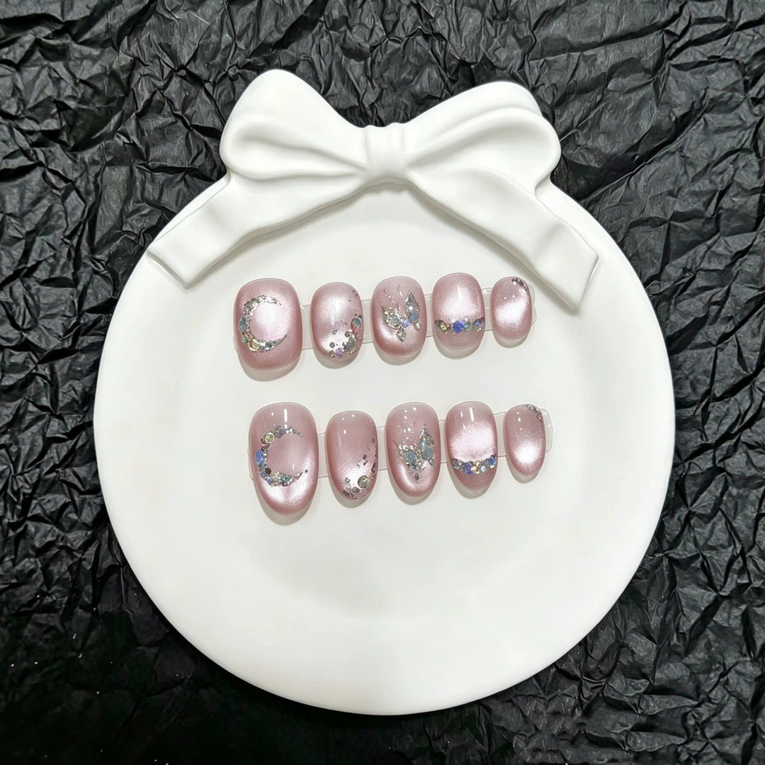 Decorative Press-On Nail Art Set with Butterfly and Gem Accents