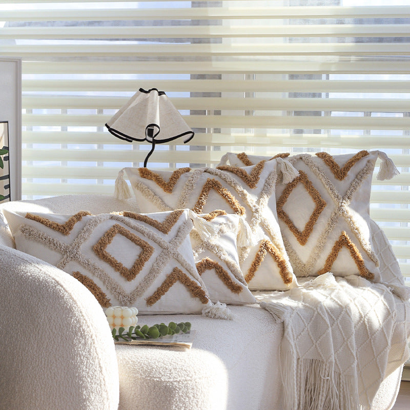 Square cushion cover made of cotton-linen with raised diamond tufting and corner tassels Stornfield