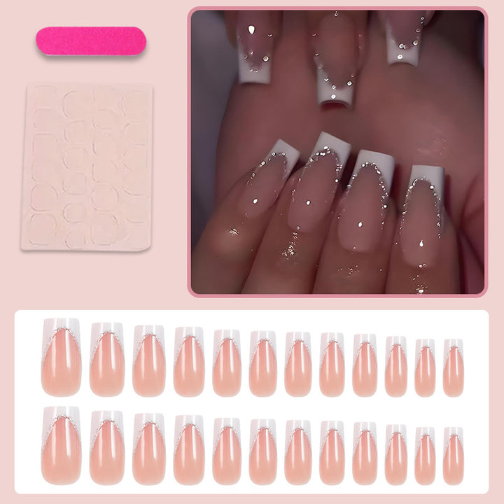 Artificial nail set with elegant French tip and glitter accents Stornfield
