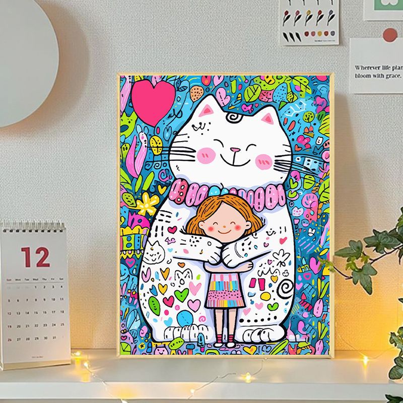 Playful Cat and Girl Illustration Canvas Art Stornfield