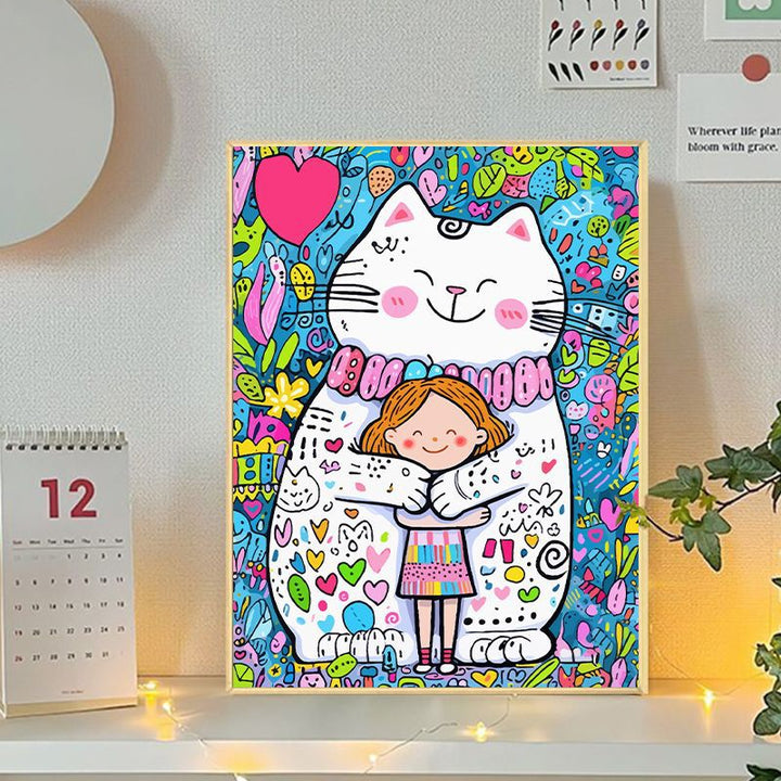Playful Cat and Girl Illustration Canvas Art Stornfield