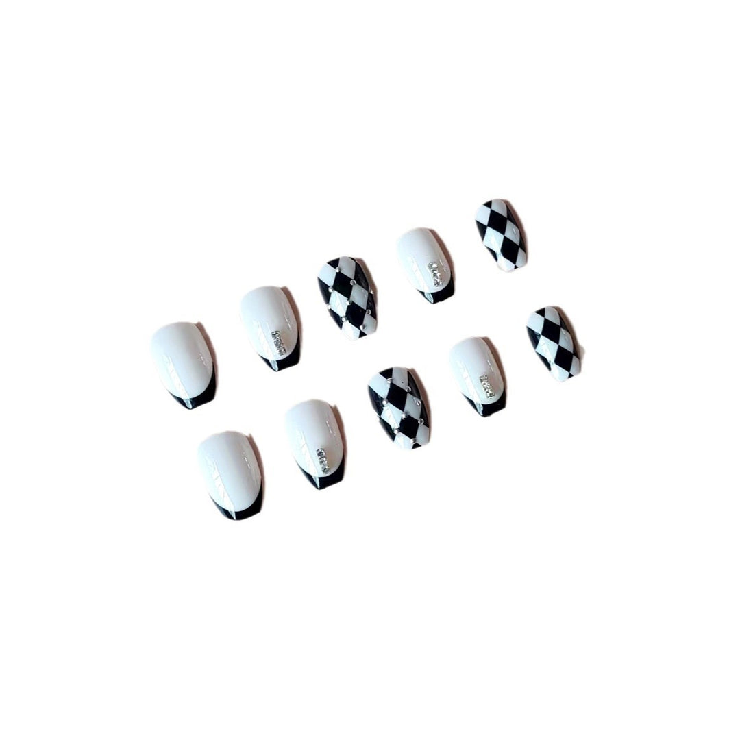 Acrylic Nail Set with Creative Checkerboard Design and Sparkling Accents Stornfield