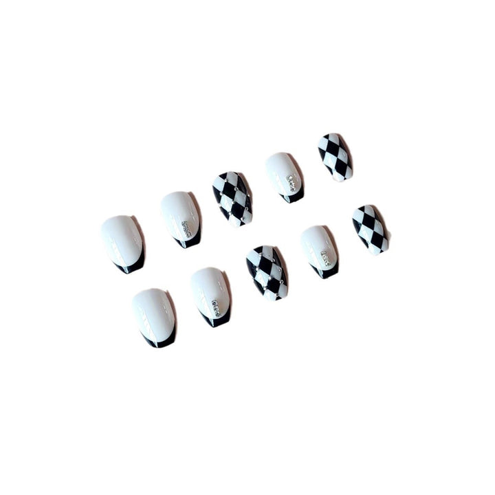 Acrylic Nail Set with Creative Checkerboard Design and Sparkling Accents Stornfield
