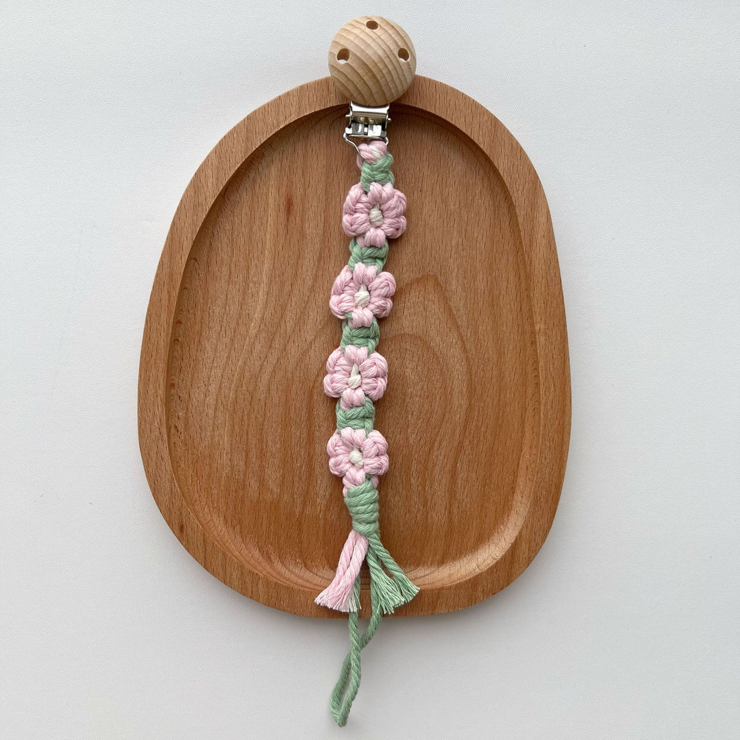 Macramé Flower Pacifier Clip with Wooden Safety Clamp
