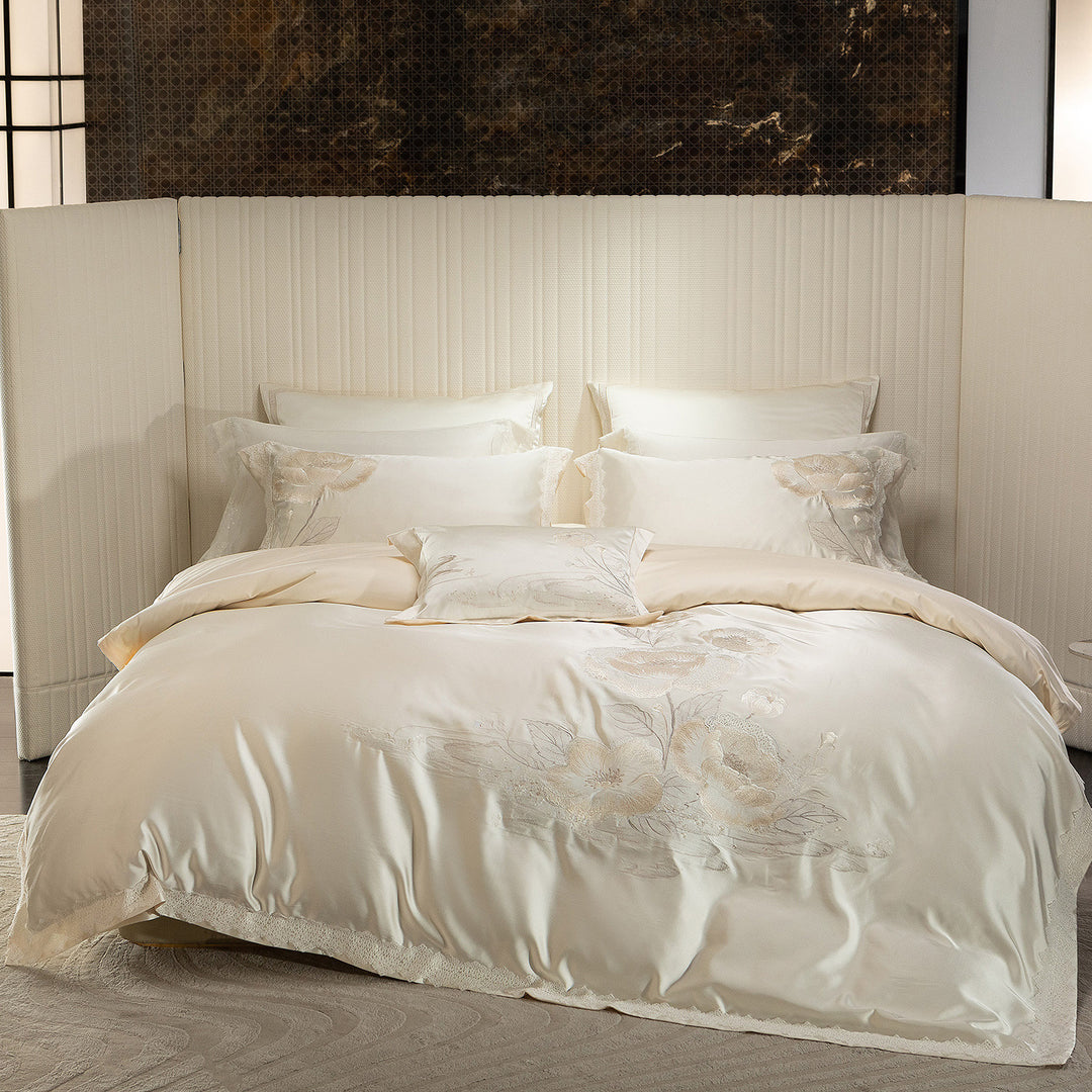 Satin Embroidered Floral Duvet Cover Set with Lace-Edged Pillow Shams