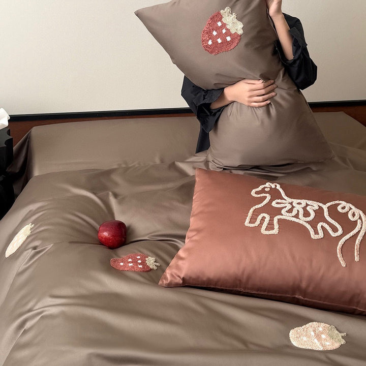 Silky Satin Strawberry Appliqué Reversible Duvet Cover & Pillow Sham Set