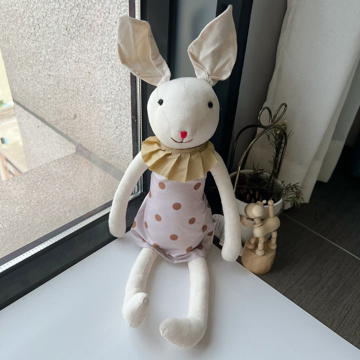 Handmade Organic Cotton Long-Leg Bunny Plush with Embroidered Overalls