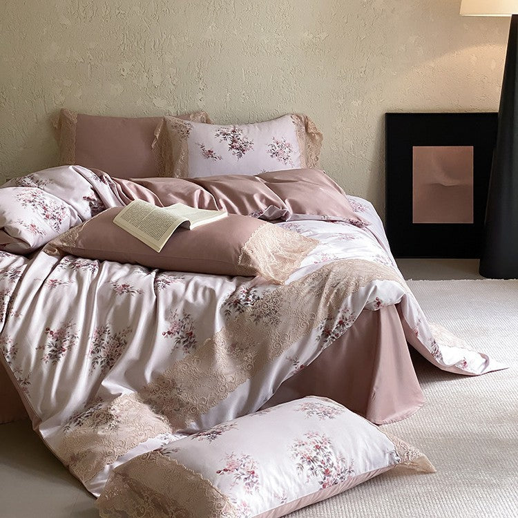 Satin bed linen set with floral print and delicate lace trim