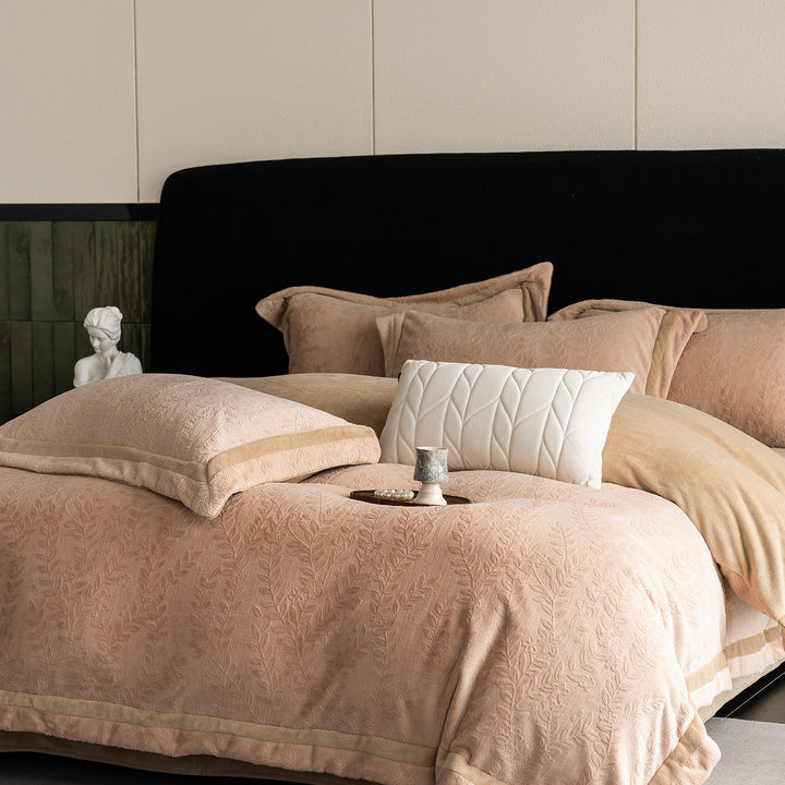 Luxurious velvet bedding set with relief structure and decorative trim