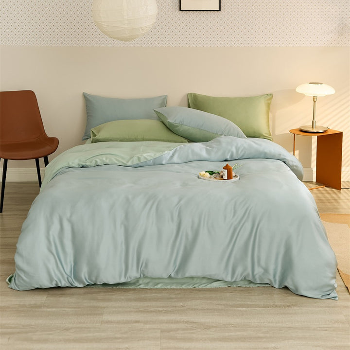 Reversible satin bedding set with a silky glossy feel and skin-friendly cotton blend