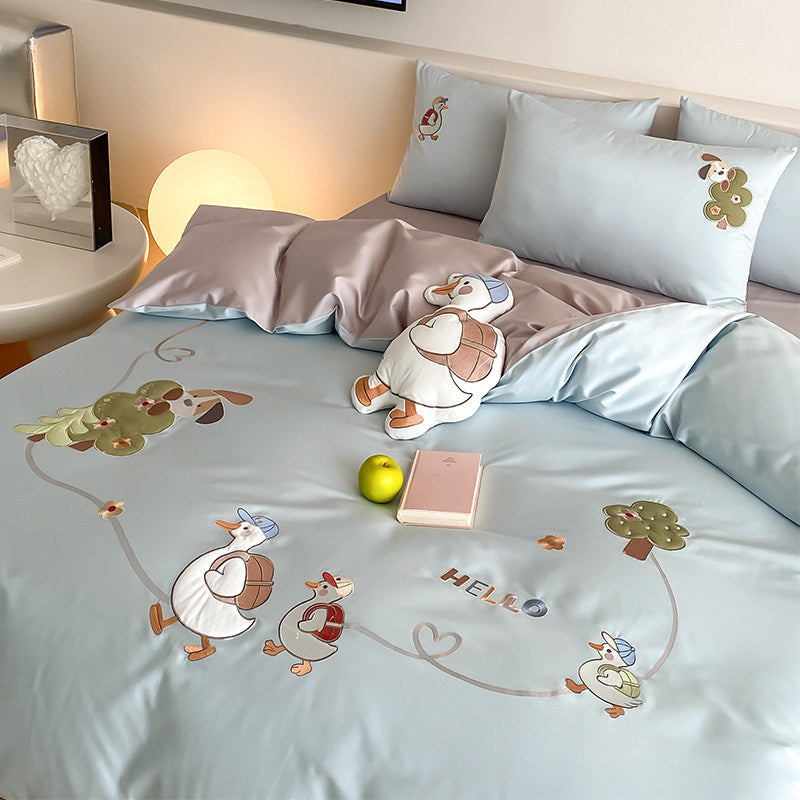 Children's Cartoon Goose Embroidered Cotton Sateen Duvet Cover Set