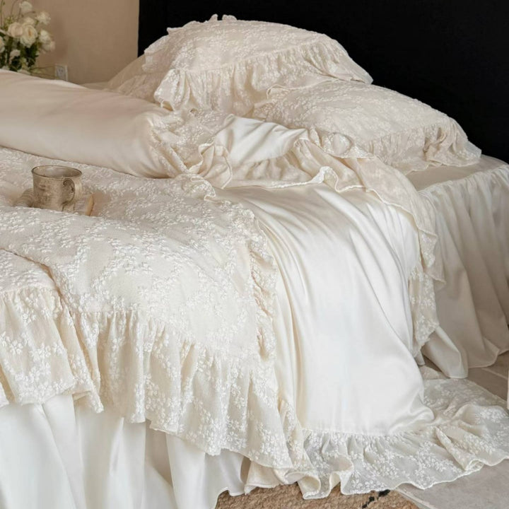 Luxurious Ruffled Lace Embroidered Duvet Cover Set with Satin Sheet