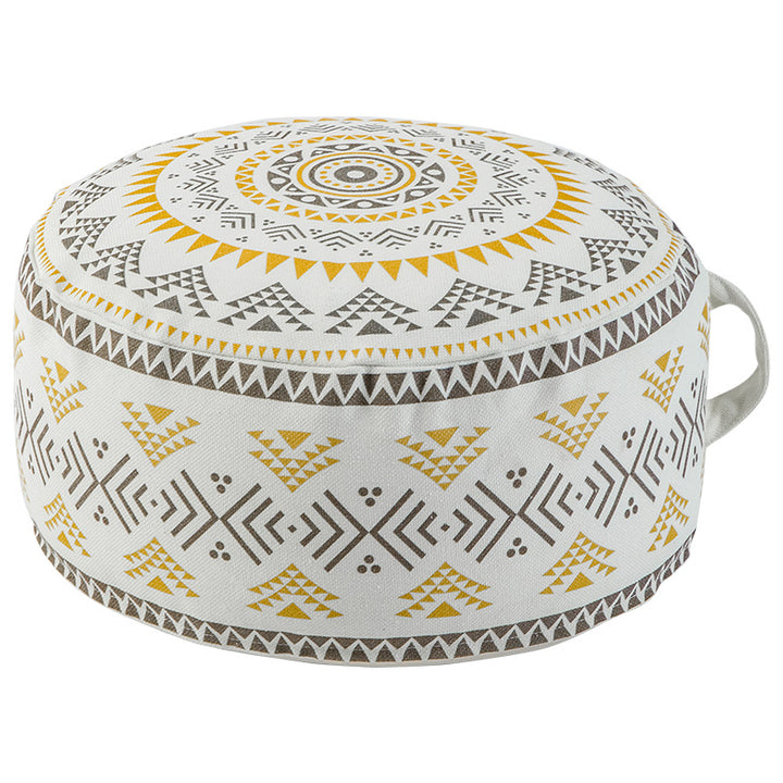 Beef seat pouf made of sturdy cotton blend with ethnic mandala print and carrying handle