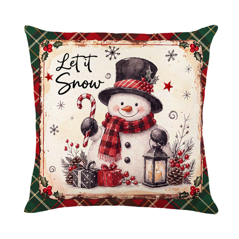 Festive Holiday Reindeer Decorative Square Pillow Cover with Plaid Border and Concealed Zipper