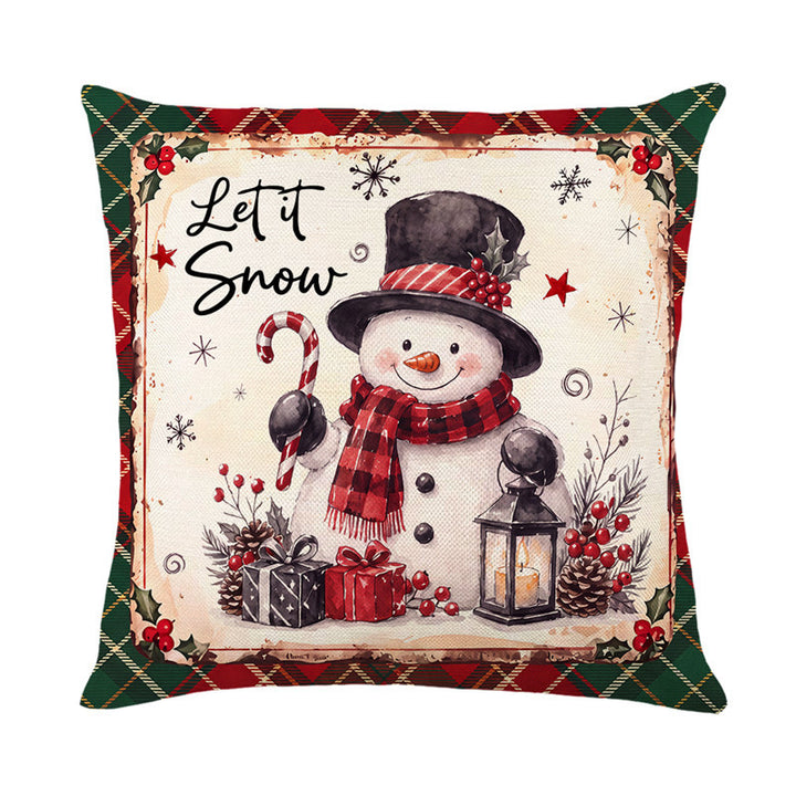 Festive Holiday Reindeer Decorative Square Pillow Cover with Plaid Border and Concealed Zipper