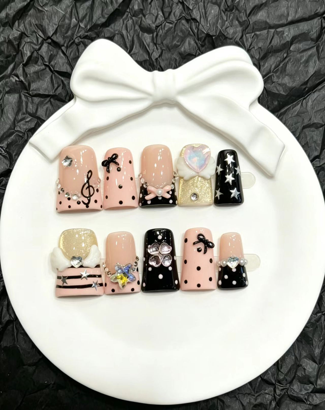 Decorative Press-On Nail Art Set with Unique Charms