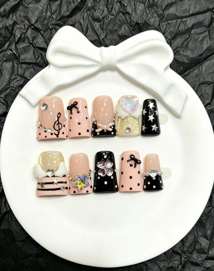 Decorative Press-On Nail Art Set with Unique Charms