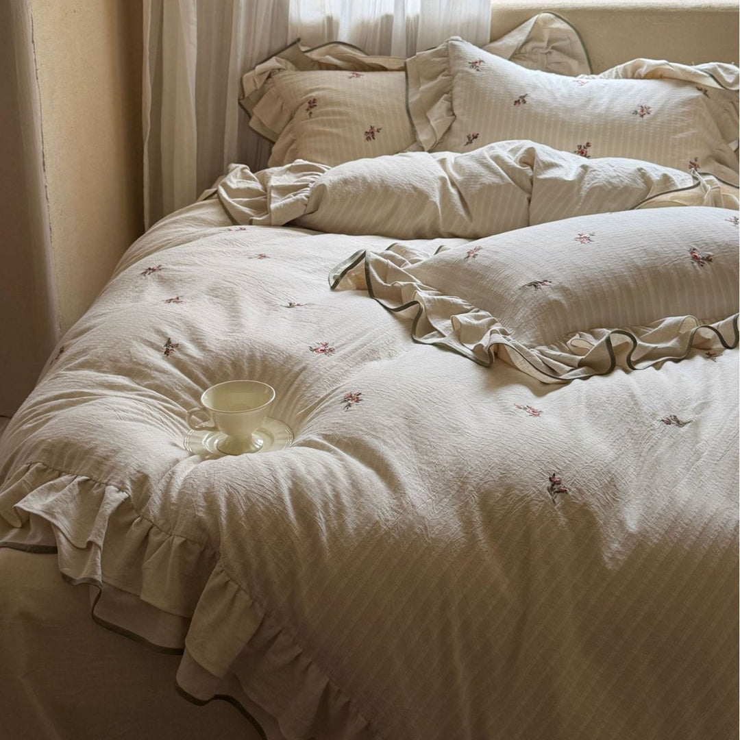 Ruffled Cotton Embroidered Duvet Cover Set with Pillow Shams