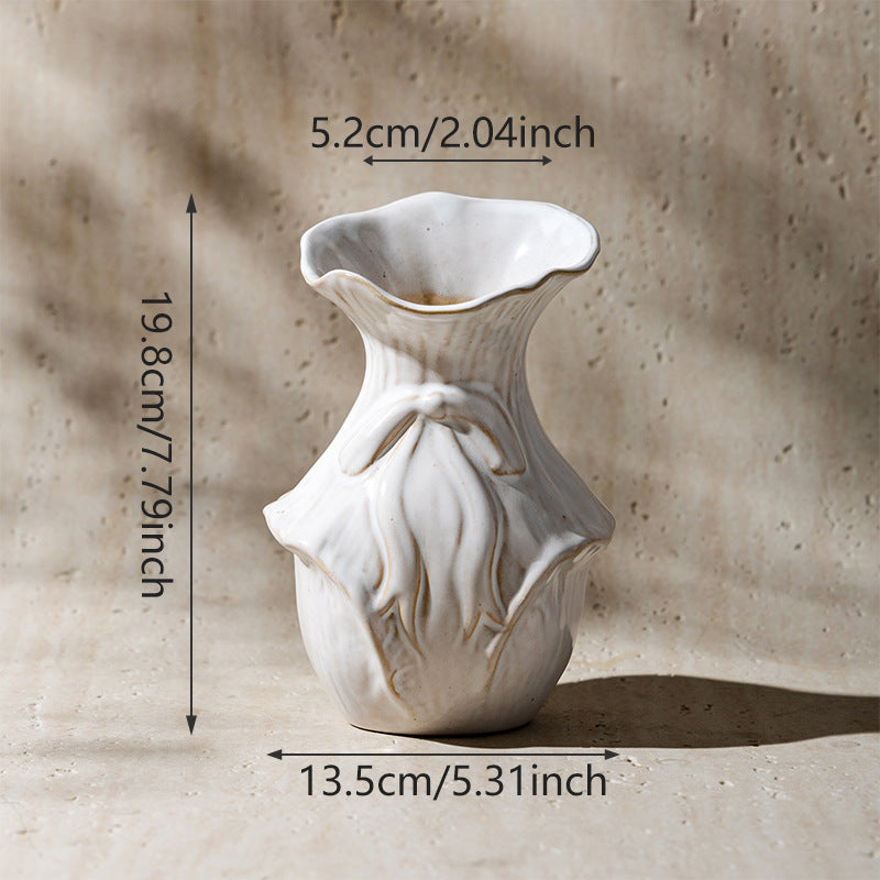 Petite Sculptural Ceramic Bud Vase with Organic Leaf Relief