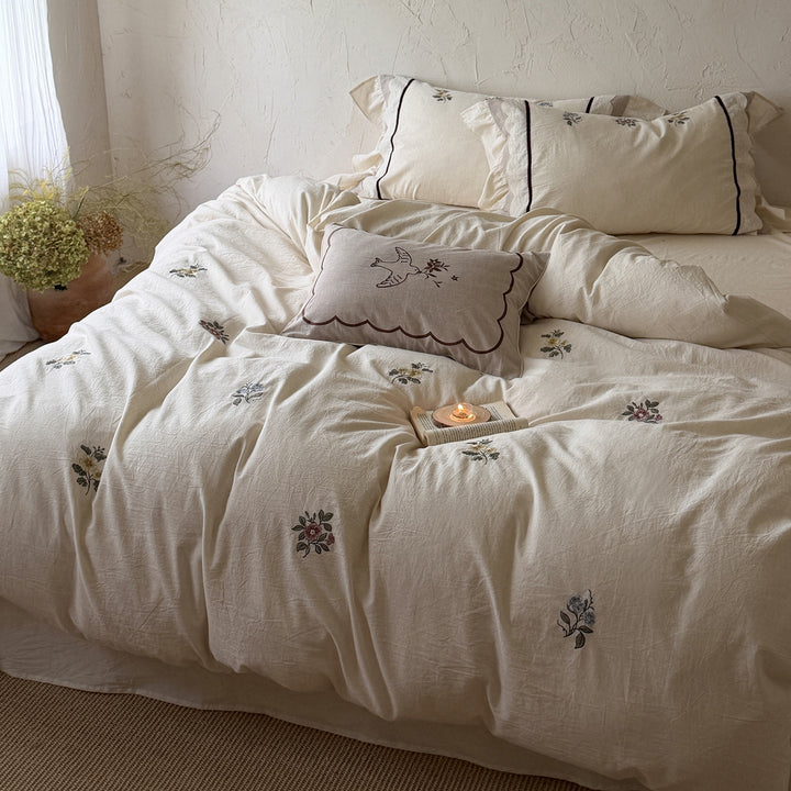 Botanical Embroidered Lightweight Stonewashed Cotton-Linen Duvet Cover Set