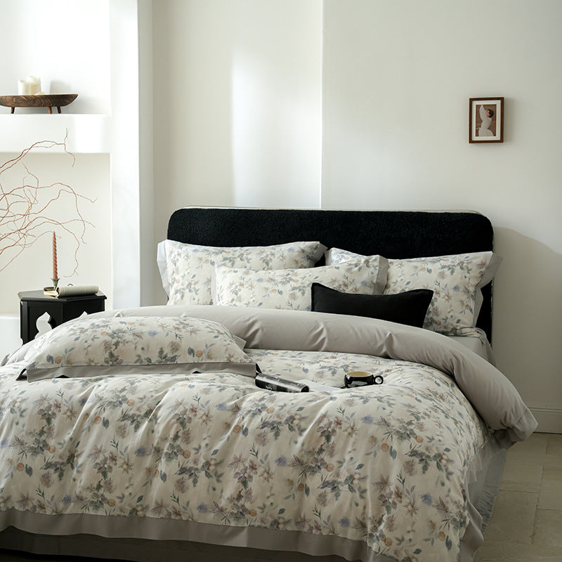 Botanical-Print Washed Cotton Duvet Cover Set with Contrast Hem and Oxford Border Pillowcases