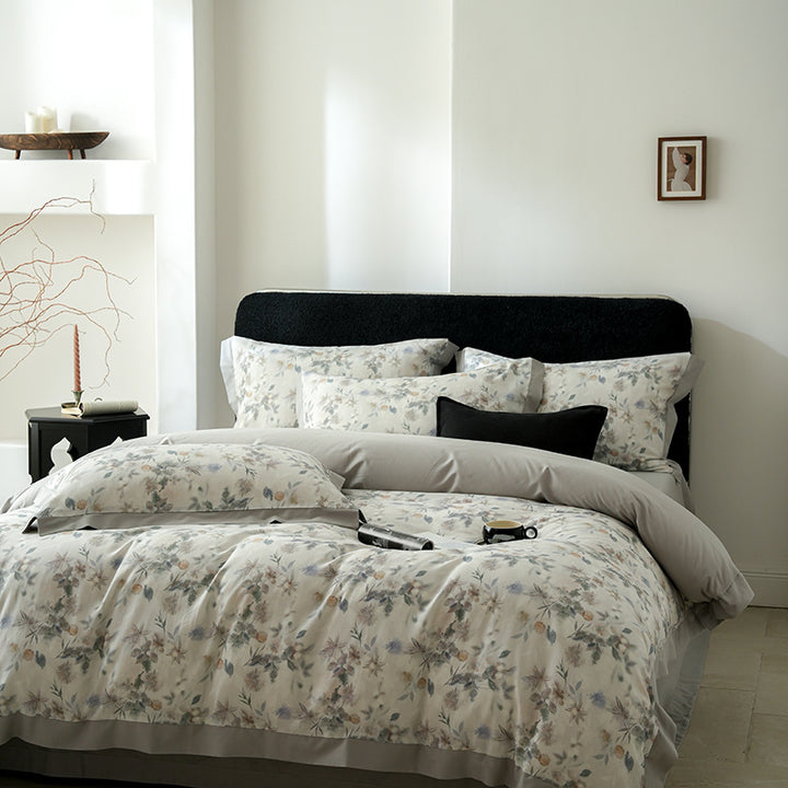 Botanical-Print Washed Cotton Duvet Cover Set with Contrast Hem and Oxford Border Pillowcases