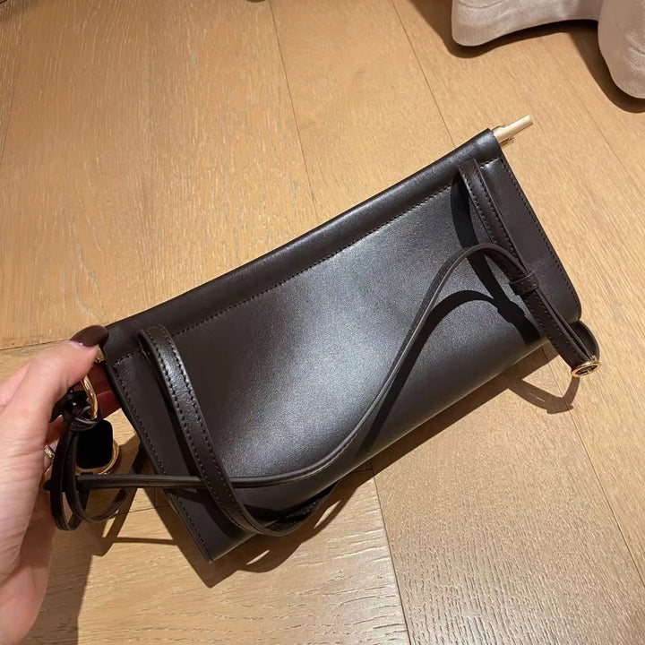 Structured Leather Baguette Shoulder Bag with Gold Hardware