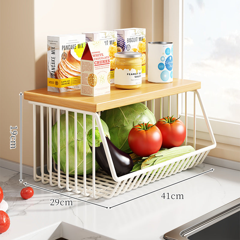Countertop Wooden Top Metal Wire Fruit and Vegetable Storage Rack