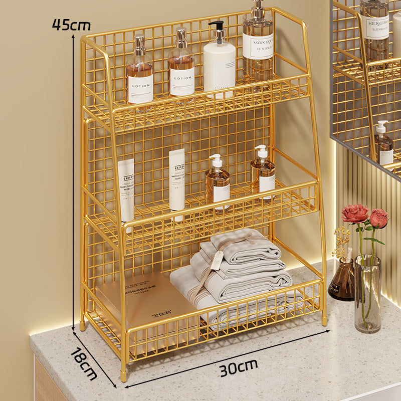 Angled Desktop Mesh Vanity and Countertop Organizer with Three Wire-Tier Baskets and Grid Back