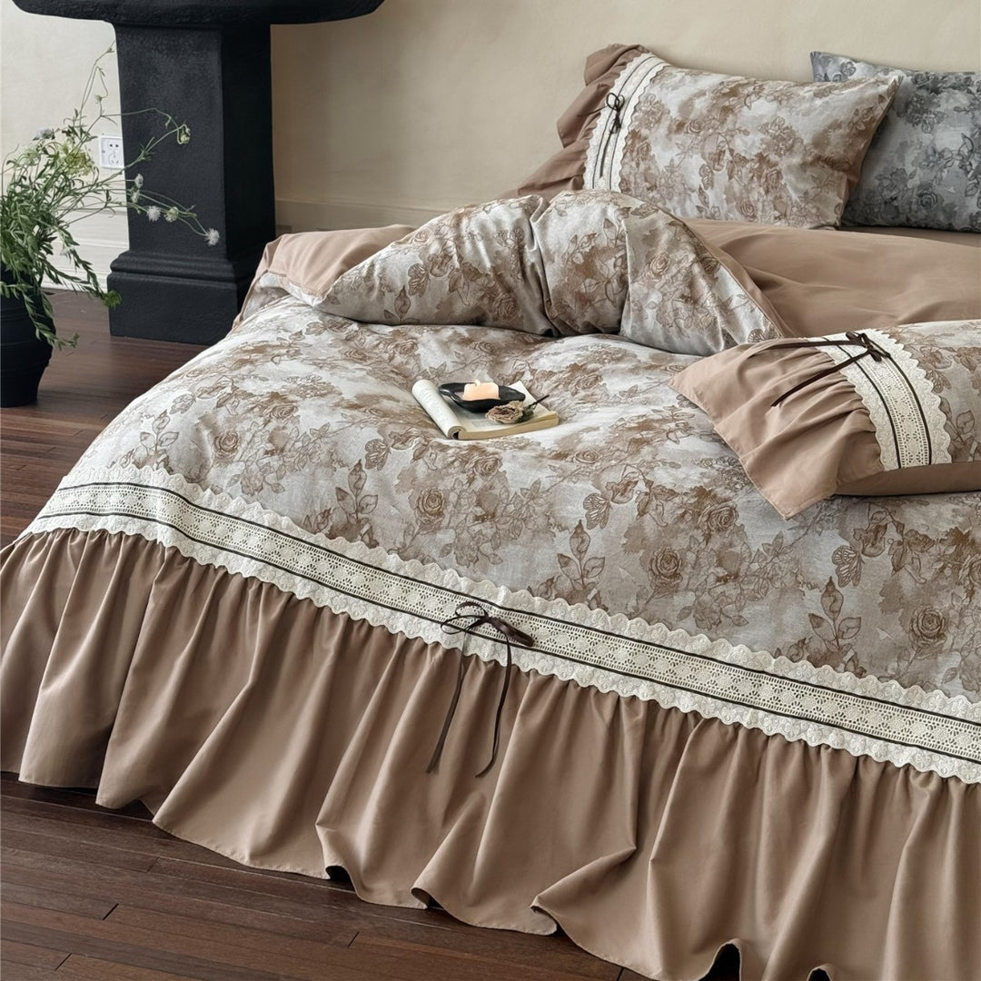 Vintage Rose Ruffled Lace-Trim Cotton Duvet Cover Set with Bedskirt & Pillow Shams