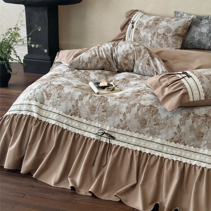 Vintage Rose Ruffled Lace-Trim Cotton Duvet Cover Set with Bedskirt & Pillow Shams