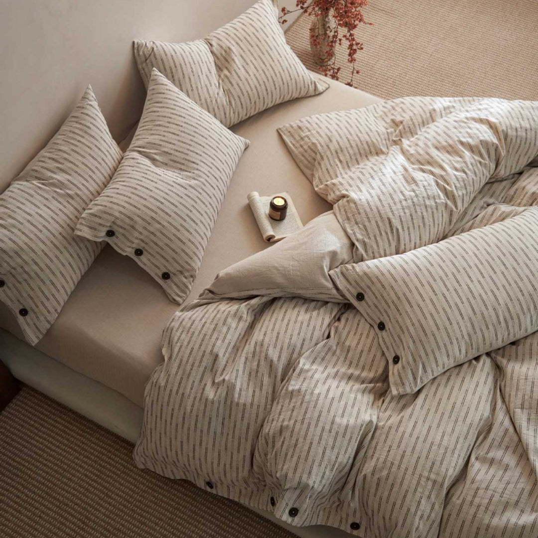 Button-Closure Striped Cotton-Linen Duvet Cover Set with Matching Pillowcases