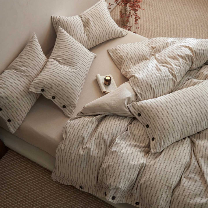 Button-Closure Striped Cotton-Linen Duvet Cover Set with Matching Pillowcases