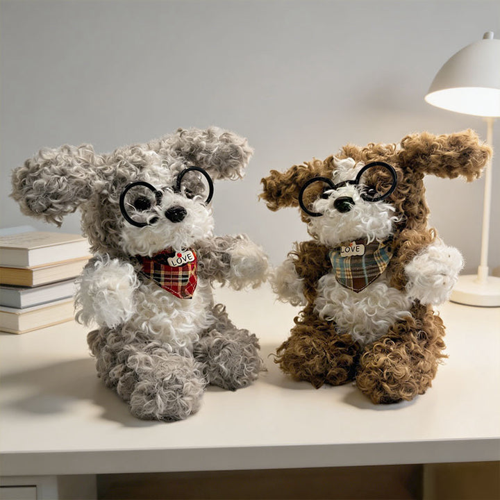 Curly-Fur Sitting Puppy Plush with Round Glasses & Plaid 'LOVE' Bandana Stornfield